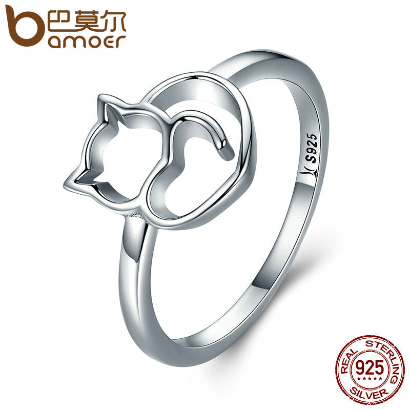 Silver Cat & Heart Ring